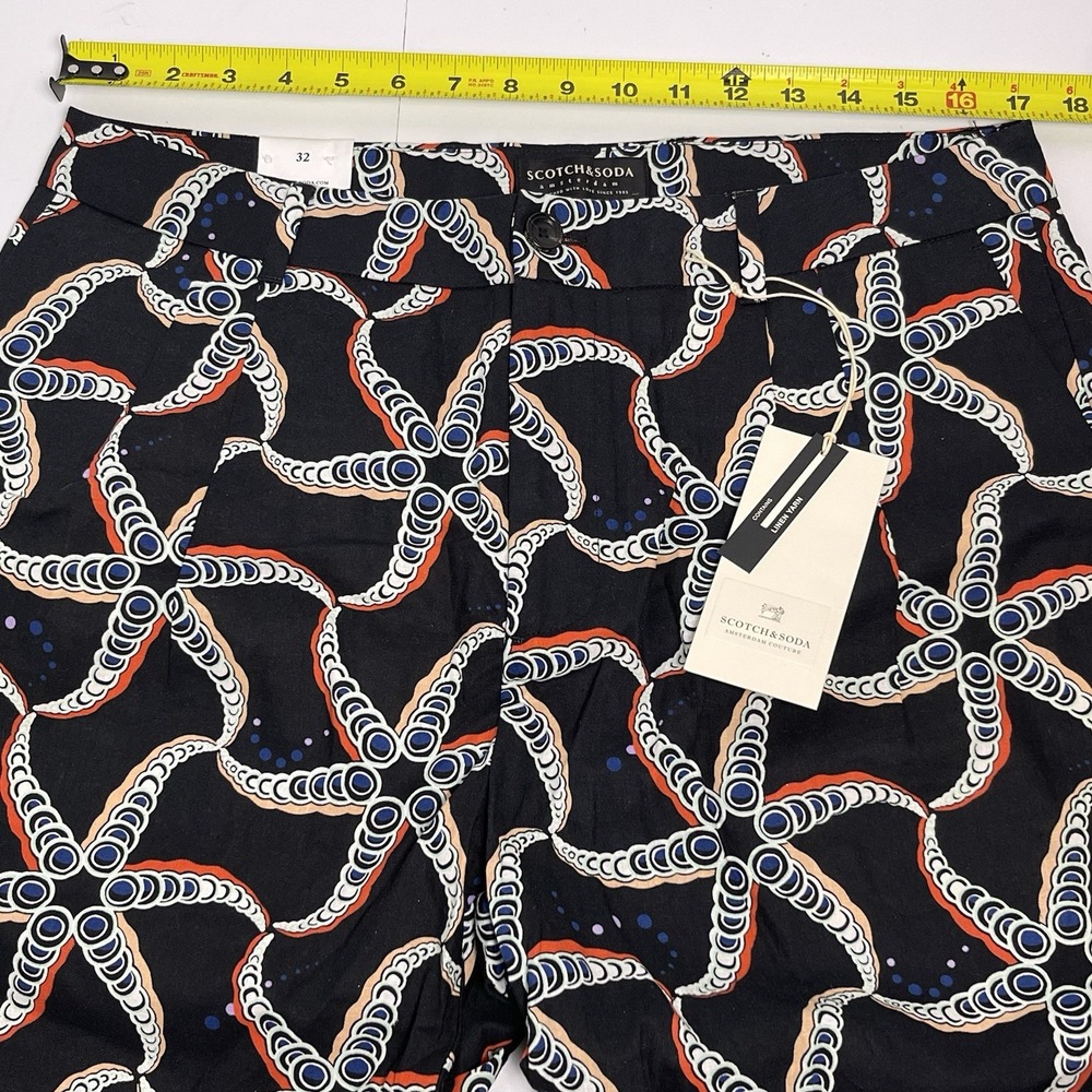 Scotch & Soda Mens 32 Black Blue Starfish AOP Linen Blend Chino Shorts Loose NEW - Picture 10 of 14